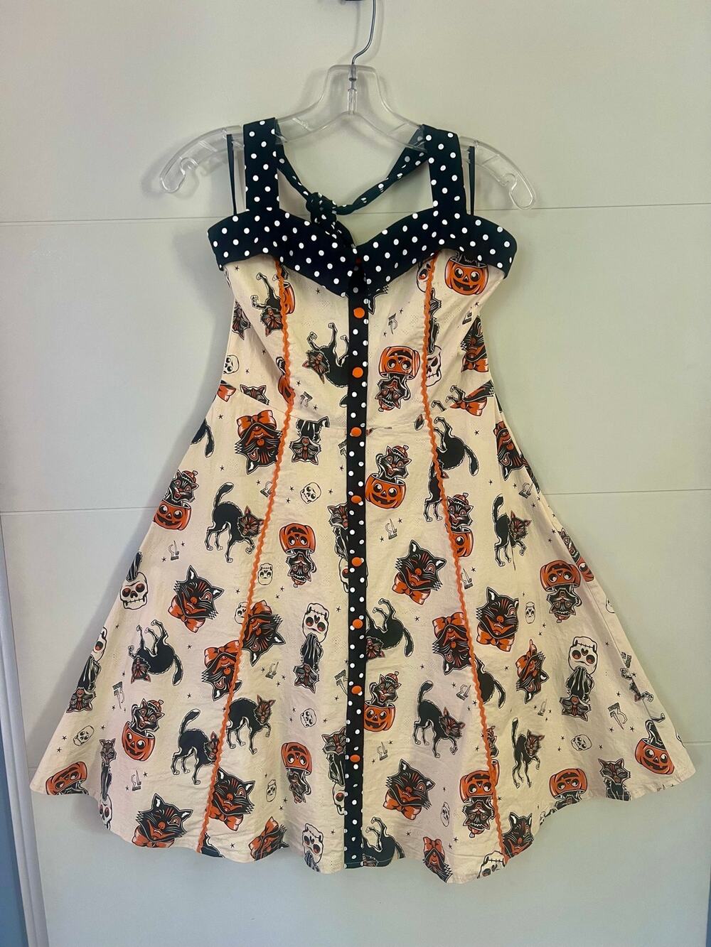 Sourpuss Black Cat Halloween Print Fit and Flare Halter Top Dress Size L Goth